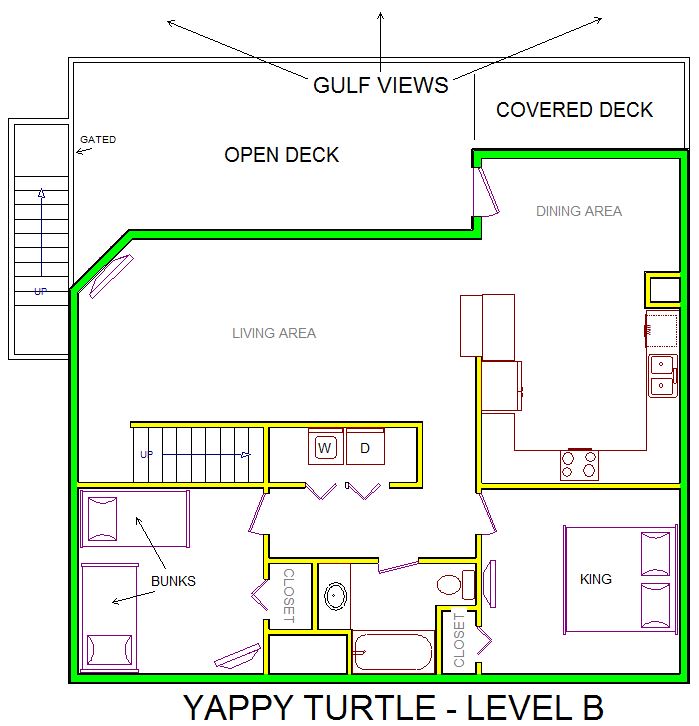 A level B layout view of Sand 'N Sea's beachfront house vacation rental in Galveston named Yappy Turtle